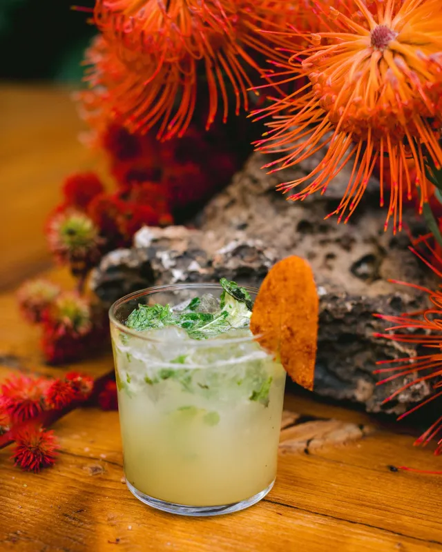 A mint and lime mocktail with a dried fruit garnish, framed by bright orange flowers
