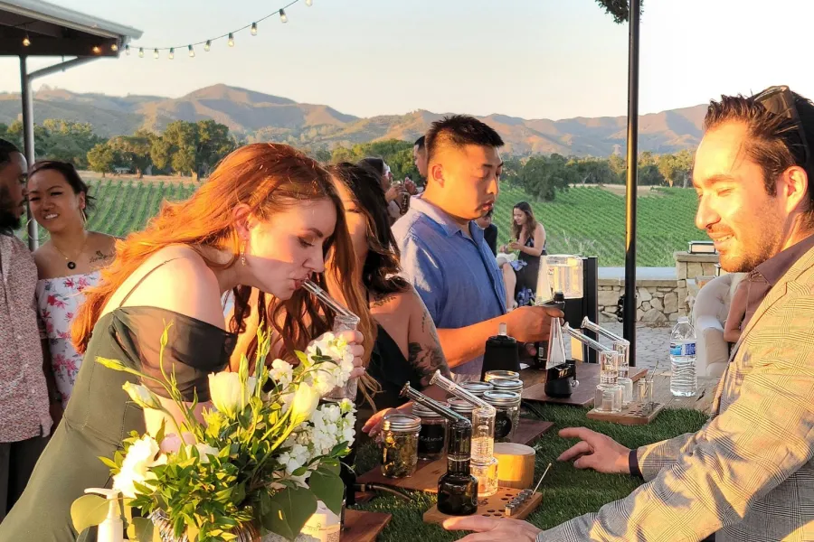 Guests gathered around a cannabis bar at an outdoor vineyard event while the budtender serves them