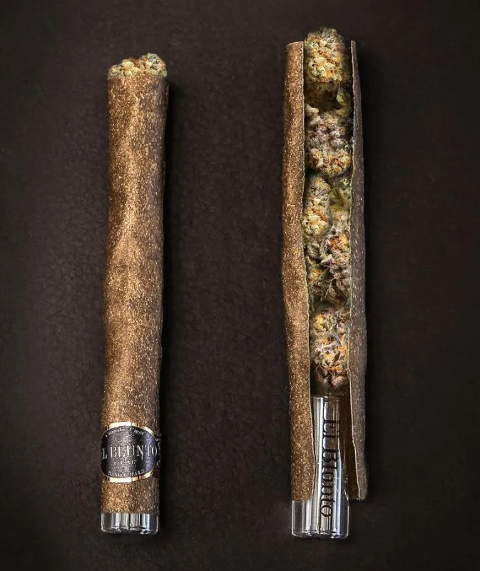 Two El Blunto cannagars, one cut open to show the flower inside