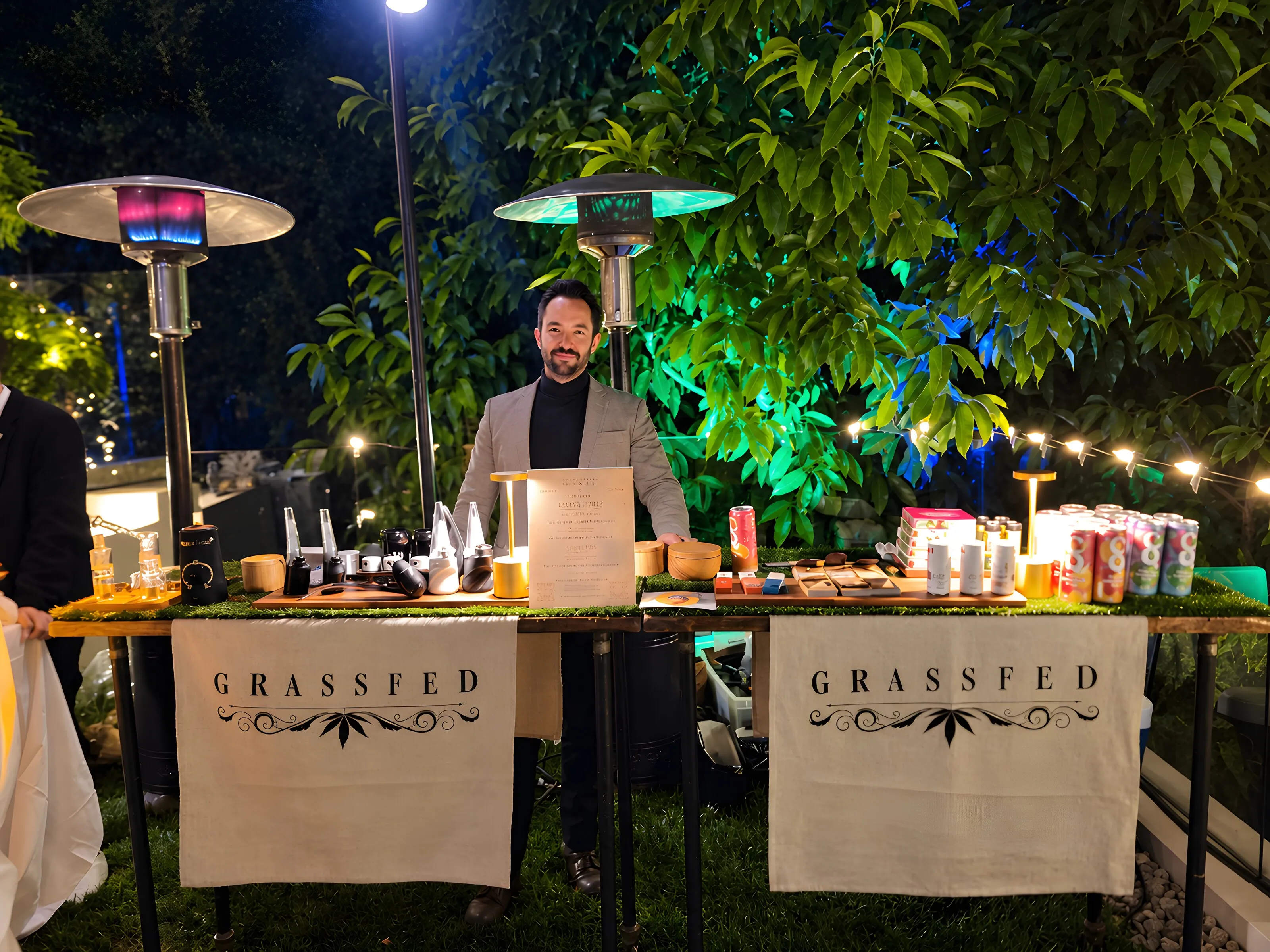 A budtender behind the Grassfed cannabis bar at an outdoor night party, string lights and green-lit trees behind him